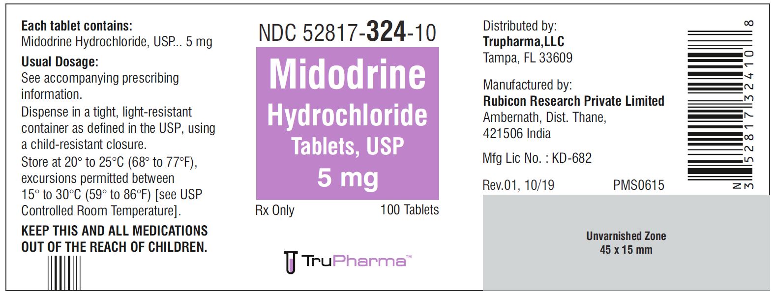 Midodrine Hydrochloride Tablets, USP 5mg - 100 Tablets - NDC 52817-324-10