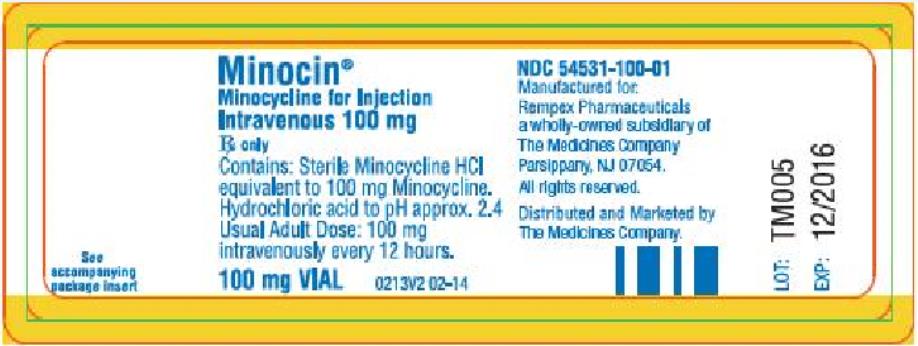 Principal Display Panel MINOCIN® Minocycline for Injection Intravenous 100 mg Rx only 100 mg VIAL NDC 54531-100-01