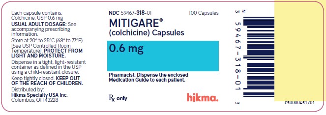 NDC 59467-318-01 MITIGARE® (colchicine) Capsules 0.6 mg 100 Capsules Rx Only