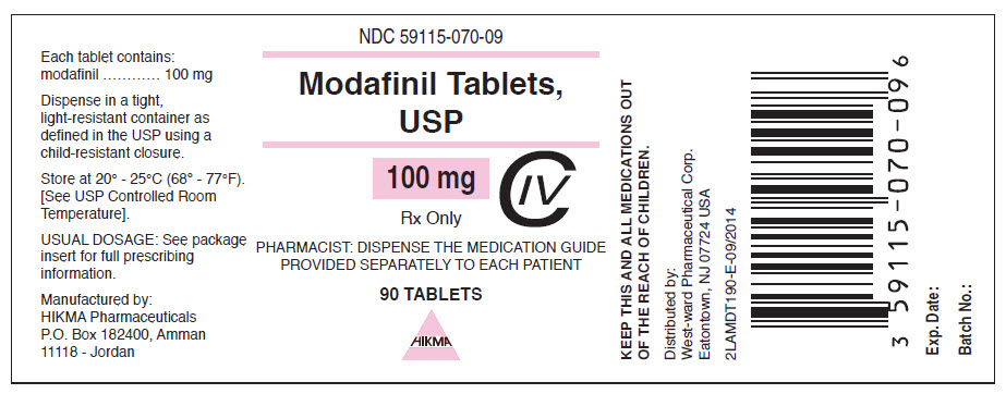 Modafinil Tablets, USP 100 mg/90 Tablets NDC: 59115-070-09