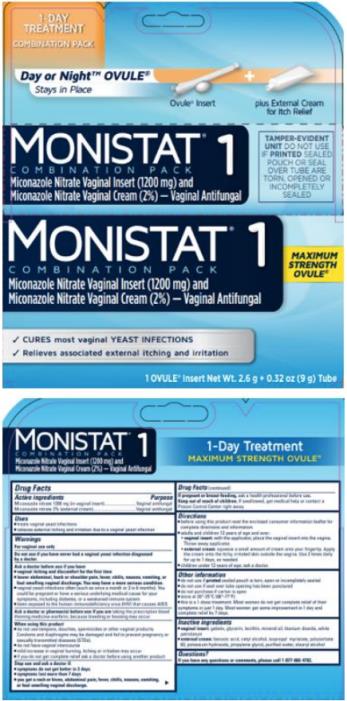 PRINCIPAL DISPLAY PANEL
Kit Carton
MONISTAT®
Combination Pack
Miconazole Nitrate Vaginal Insert (1200 mg) and Miconazole Nitrate Cream (2%) – Vaginal Antifungal
VAGINAL ANTIFUNGAL
1 OVULE® Insert Net Wt. 2.6 g +0.32oz (9g) Tube
