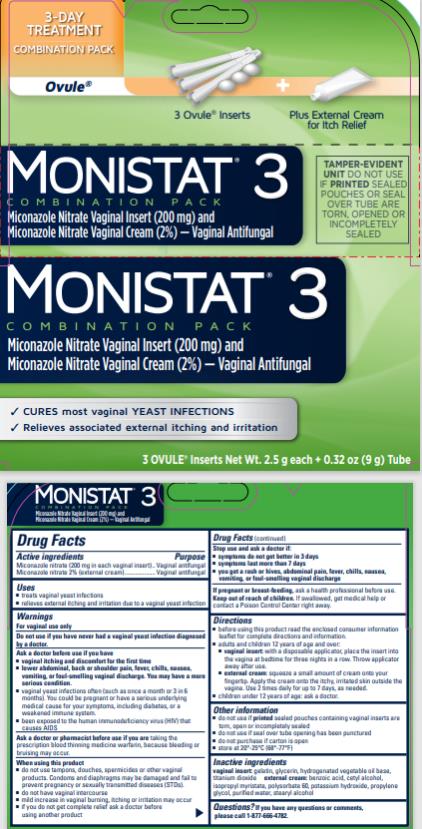 MONISTAT® 3 COMBINATION PACK
Miconazole Nitrate Vaginal Inserts (200 mg) and Miconazole Nitrate Vaginal Cream (2%) 
VAGINAL ANTIFUNGAL

3 OVULE® Inserts Net Wt. 2.5 g each + 
 0.32 oz (9 g) Tube
