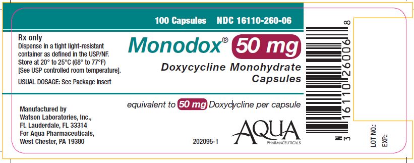 Monodox® 50 mg Doxycycline Monohydrate Capsules NDC 16110-260-06 100 capsule count bottle label