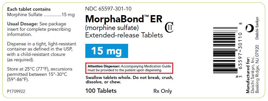PRINCIPAL DISPLAY PANEL NDC 65597-301-10 MorphaBond ER (morphine sulfate) Extended-release Tablets 15 mg 100 Tablets Rx Only