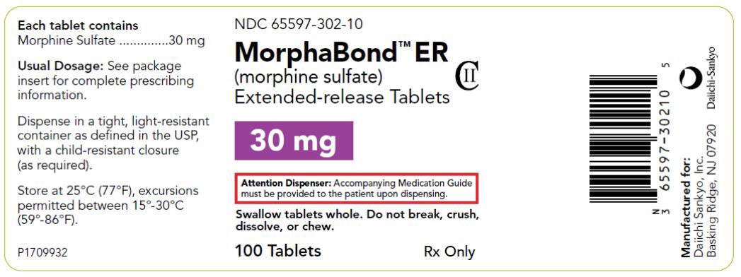 PRINCIPAL DISPLAY PANEL NDC 65597-302-10 MorphaBond ER (morphine sulfate) Extended-release Tablets 30 mg 100 Tablets Rx Only