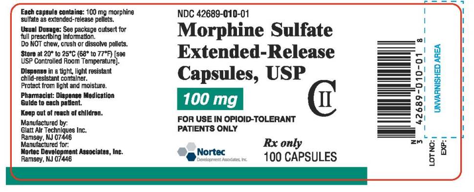 Morphine Sulfate Extended Release Capsule 100 mg Bottle Label x 100 capsules NDC 42689-010-01