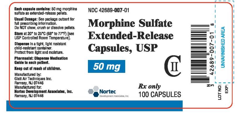 Morphine Sulfate Extended Release Capsules 50 mg Bottle Label x 100 capsules NDC 42689-007-01