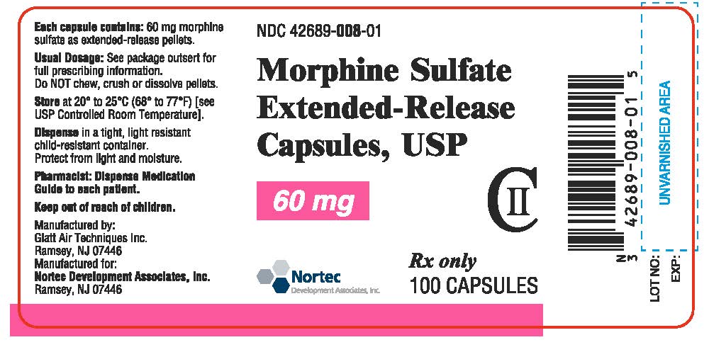 Morphine Sulfate Extended Release Capsules 60 mg Bottle Label x 100 capsules NDC 42689-008-01