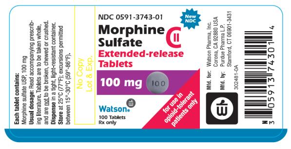 PRINCIPAL DISPLAY PANEL
NDC 0591-3743-01
Morphine Sulfate CII 100mg
for use in opioid-tolerant patients only

