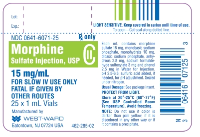Morphine Sulfate Injection, USP CII 15 mg/mL 25 x 1 mL Vials NDC 0641-6071-25