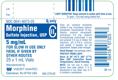 Morphine Sulfate Injection, USP CII 5 mg/mL 25 x 1 mL Vials NDC 0641-6073-25