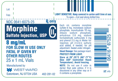 Morphine Sulfate Injection, USP CII 8 mg/mL 25 x 1 mL Vials NDC 0641-6075-25