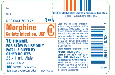 Morphine Sulfate Injection, USP CII 10 mg/mL 25 x 1 mL Vials NDC 0641-6070-25