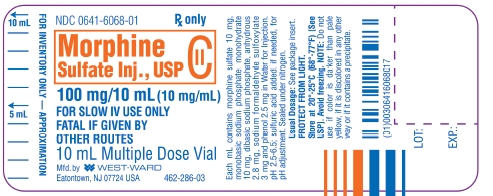 Morphine Sulfate Injection, USP CII 100 mg/10 mL (10 mg/mL) 10 mL Multiple Dose Vial NDC 0641-6068-01