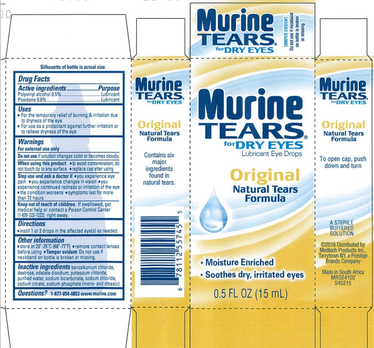 PRINCIPAL DISPLAY PANEL
Murine
Tears® For DRY EYES
Lubricant Eye Drops
Original Natural Tears Formula
● Moisture Enriched
● Eye Doctor Recommended
0.5 fl oz. (15 mL) 
