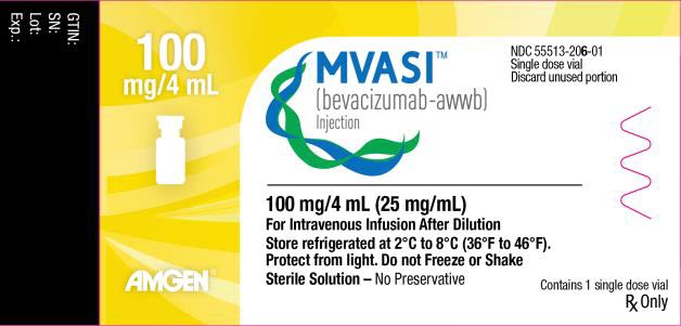 PRINCIPAL DISPLAY PANEL 100 mg/4 mL MVASI™ (bevacizumab-awwb) Injection NDC 55513-206-01 Single dose vial Discard unused portion 100 mg/4 mL (25 mg/mL) Contains 1 single dose vial For Intravenous Infusion After Dilution Store refrigerated at 2°C to 8°C (36°F to 46°F). Protect from light. Do not Freeze or Shake Sterile Solution – No Preservative Rx Only AMGEN®