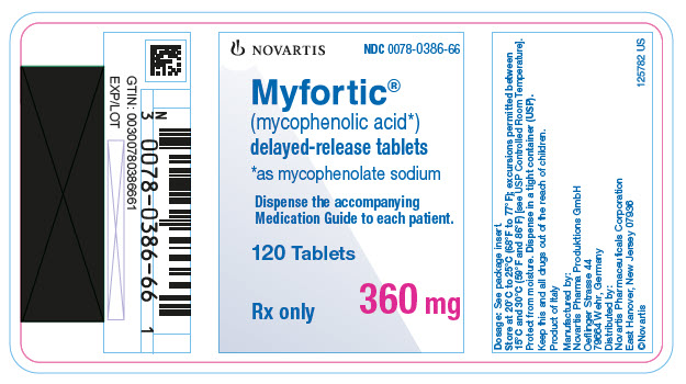 PRINCIPAL DISPLAY PANEL NOVARTIS NDC 0078-0386-66 Myfortic® (mycophenolic acid*) delayed-release tablets *as mycophenolate sodium Dispense the accompanying Medication Guide to each patient. 120 Tablets 360 mg Rx only