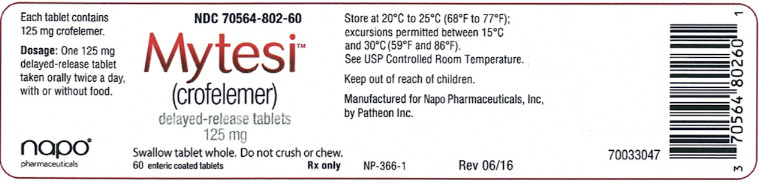 PRINCIPAL DISPLAY PANEL
NDC 70564-802-60 Mytesi (crofelemer) delayed-release tablets 125 mg Swallow tablet whole. Do not crush or chew. 60 enteric coated tablets Rx only