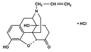 The following structural formula for Naloxone Hydrochloride, USP is chemically designated 17-Allyl-4,5α-epoxy-3,14-dihydroxymorphinan-6-one hydrochloride (C19H21NO4 • HCl), a white to slightly off-white powder soluble in water, in dilute acids, and in strong alkali; slightly soluble in alcohol; practically insoluble in ether and chloroform. It has a molecular weight of 363.84.