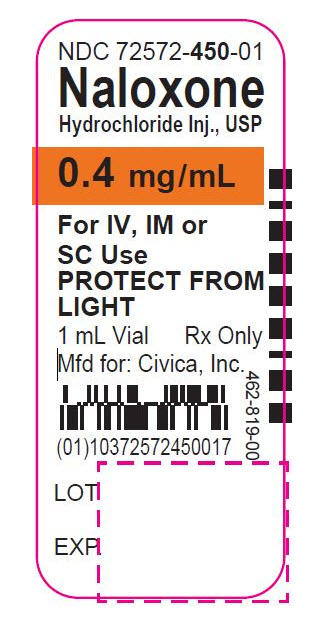 NDC 72572-450-01 Naloxone Hydrochloride Inj., USP 0.4 mg/mL For IV, IM or SC Use PROTECT FROM LIGHT 1 mL Vial Rx only