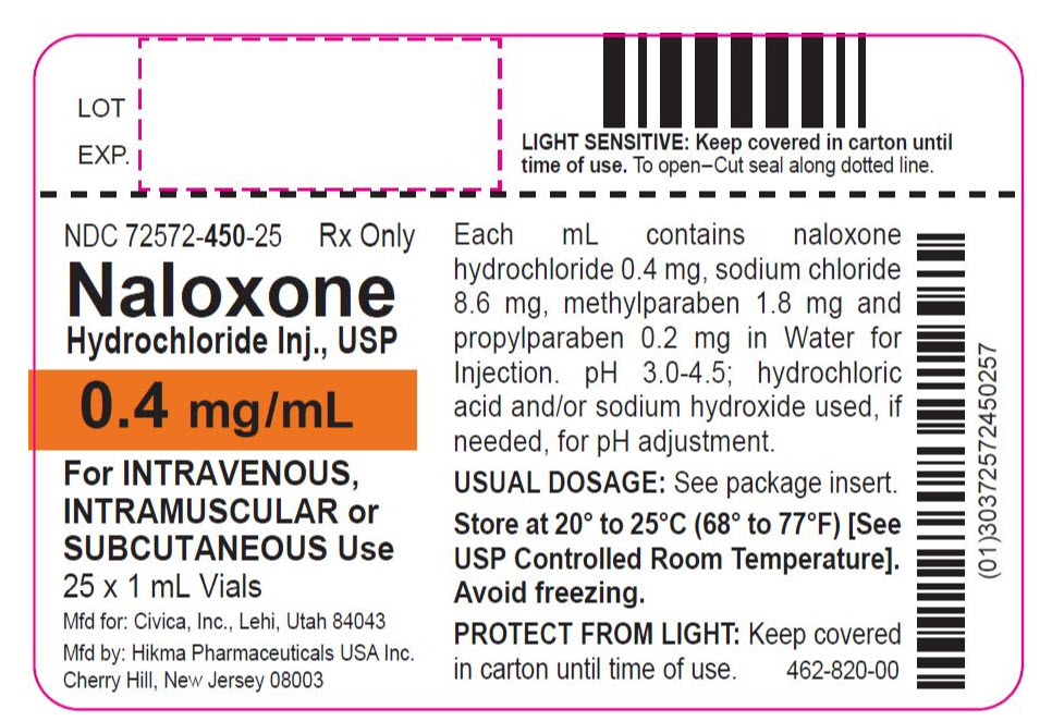NDC 72572-450-25 Rx only Naloxone Hydrochloride Inj., USP 0.4 mg/mL For INTRAVENOUS, INTRAMUSCULAR or SUBCUTANEOUS Use 25 x 1 mL Vials