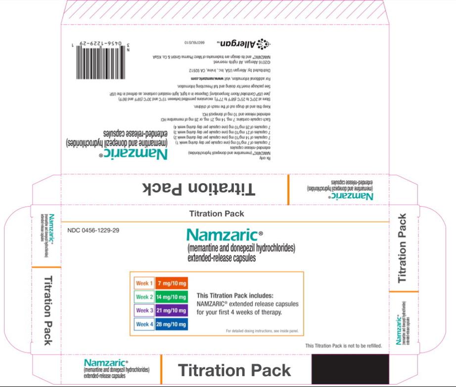 Titration Pack
NDC 0456-1229-29 
Namzaric®
(memantine and donepezil hydrochlorides)
extended-release capsules 
Week 1 7mg/10 mg 
Week 2 14mg/10 mg 
Week 3 21mg/10 mg 
Week 4 28mg/10 mg 
This Titration Pack includes:
NAMZARIC® extended release capsules
for your first 4 weeks of therapy. 
For detailed dosing instructions, see inside panel. 
This Titration Pack is not to be refilled. 
