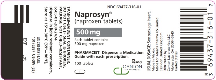 PRINCIPAL DISPLAY PANEL NDC 69437-316-01 Naprosyn (naproxen tablets) 500 mg 100 Tablets Rx Only 