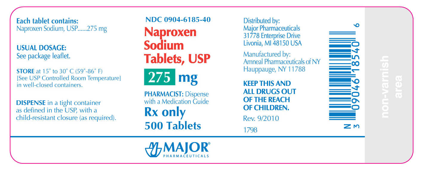 NDC 0904-6185-40

Naproxen Sodium

Tablets, USP

275mg

Rx Only

500 tablets

Major Pharmaceuticals
