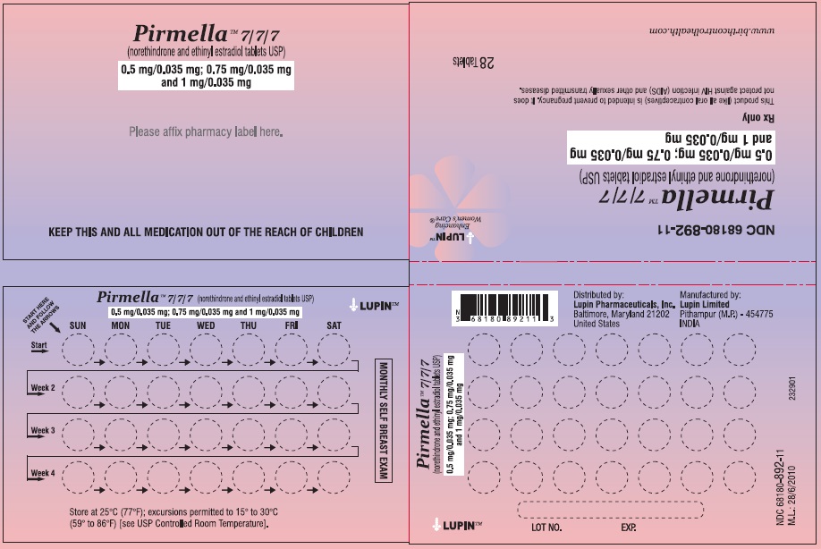 Pirmella 7/7/7
(norethindrone and ethinyl estradiol tablets USP)
0.5 mg/0.035 mg, 0.75 mg/0.035 mg and 1 mg/0.035 mg
Rx Only
NDC 68180-892-11
									Wallet Label: 28 Tablets