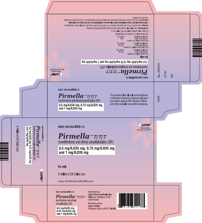 Pirmella 7/7/7
(norethindrone and ethinyl estradiol tablets USP)

0.5 mg/0.035 mg, 0.075 mg/0.035 mg and 1 mg/0.035 mg
Rx Only
NDC 68180-892-13
									Carton Label: 3 Wallets of 28 Tablets