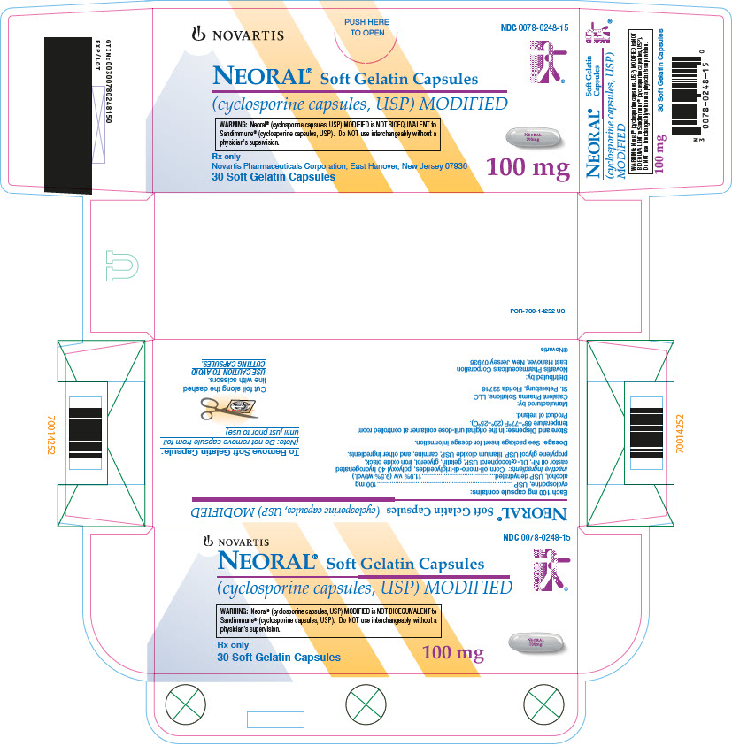 PRINCIPAL DISPLAY PANEL
									NOVARTIS
									NDC 0078-0248-15
									NEORAL® Soft Gelatin Capsules
									(cyclosporine capsules, USP) MODIFIED
									WARNING: Neoral® (cyclosporine capsules, USP) MODIFIED is NOT BIOEQUIVALENT to
									Sandimmune® (cyclosporine capsules, USP). Do NOT use interchangeably without a
									physician’s supervision.
									Rx only
									Novartis Pharmaceuticals Corporation, East Hanover, New Jersey 07936
									30 Soft Gelatin Capsules
									100 mg
							