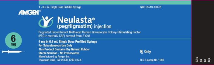 Principal Display Panel NDC 55513-190-01 1 - 0.6 mL Single Dose Prefilled Syringe AMGEN® Neulasta ® (pegfilgrastim) injection Pegylated Recombinant Methionyl Human Granulocyte Colony-Stimulating Factor (PEG-r-metHuG-CSF) derived from E Coli 6 mg 6 mg in 0.6 mL Single Dose Prefilled Syringe For Subcutaneous Use Only This Product Contains Dry Natural Rubber Sterile Solution – No Preservative Rx Only Manufactured by Amgen Inc. Thousand Oaks, CA 91320-1799 U.S.A. U.S. License No. 1080