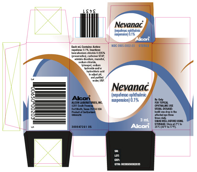 PRINCIPAL DISPLAY PANEL
							NDC 0065-0002-03
							STERILE
							Nevanac®
							(nepafenac ophthalmic suspension) 0.1%
							3 mL
							Alcon®
							