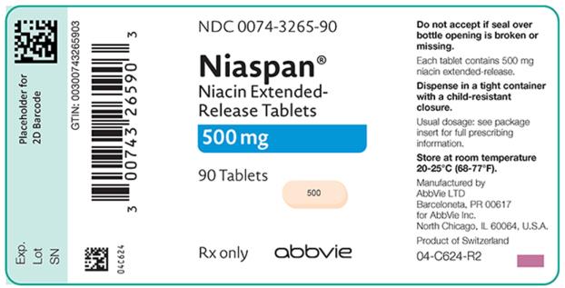 NDC 0074-3265-90 
Niaspan® Niacin Extended-Release Tablets 500 mg 90 Tablets 
Rx only abbvie 
