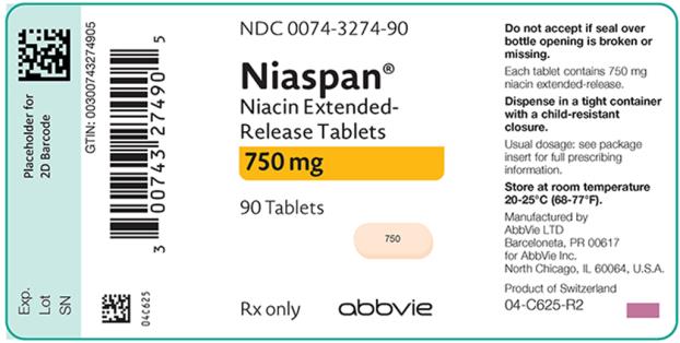 NDC 0074-3274-90 
Niaspan®
Niacin Extended-Release Tablets 750 mg 90 Tablets 
Rx only abbvie 

