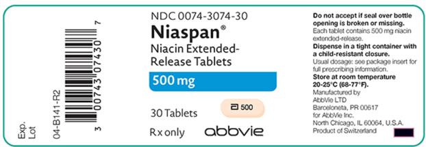 NDC 0074–3074–30 
Niaspan® Niacin Extended-Release Tablets 500 mg 30 Tablets 
Rx only abbvie 
