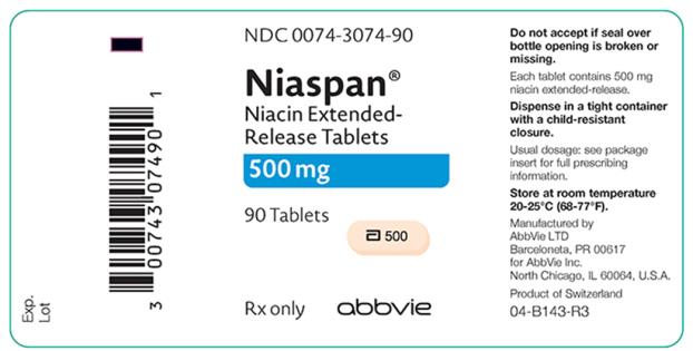 NDC 0074–3074–90 
Niaspan® Niacin Extended-Release Tablets 500 mg 90 Tablets 
Rx only abbvie 
