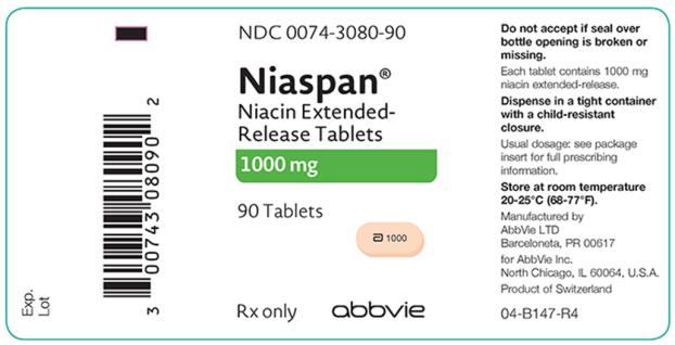 NDC 0074–3080–90 
Niaspan®
Niacin Extended-Release Tablets 1000 mg 90 Tablets 
Rx only abbvie 
