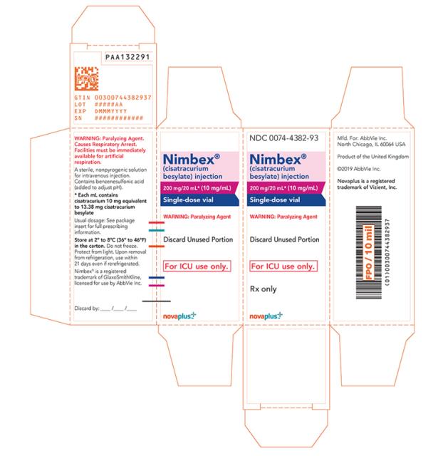 NDC 0074–4382–93 
Nimbex®
cisatracurium besylate) injection 
200 mg/20 mL* (10 mg/mL) 
Single-dose vial 
WARNING: Paralyzing Agent 
Discard Unused Portion 
For ICU use only.
Rx only 
novaplus™+
