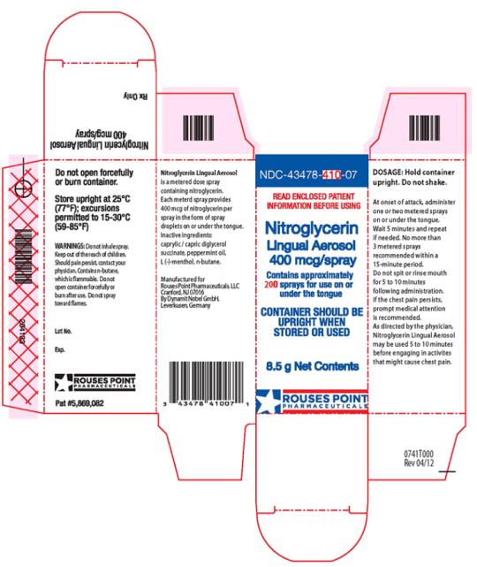 PRINCIPAL DISPLAY PANEL

NDC-43478-410-07
READ ENCLOSED PATIENT INFORMATION BEFORE USING
Nitroglycerin
Lingual Aerosol
400 mcg/spray
Contains approximately 200 sprays for use on or under the tongue
CONTAINER SHOULD BE UPRIGHT WHEN STORED OR USED
8.5 g Net Contents
