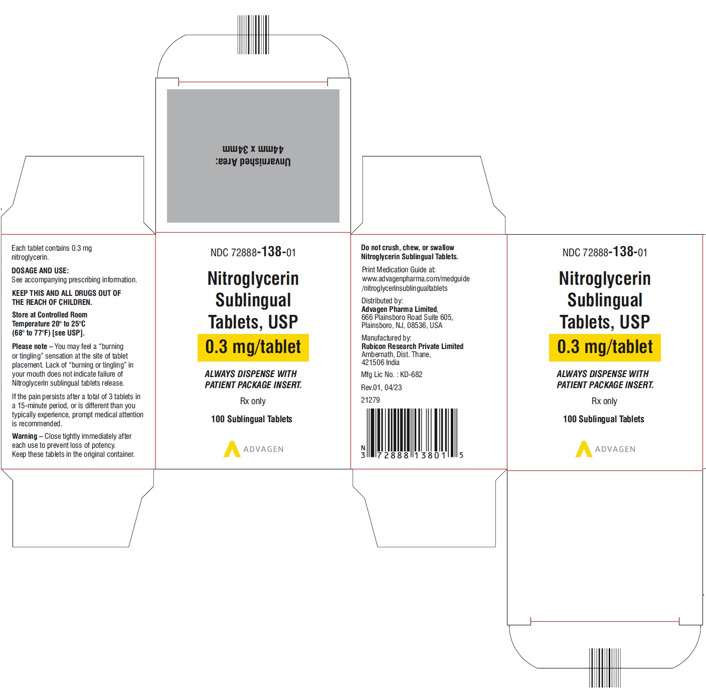 Nitroglycerin Sublingual Tablets, USP 0.3 mg - NDC 72888-138-01  - Carton Label