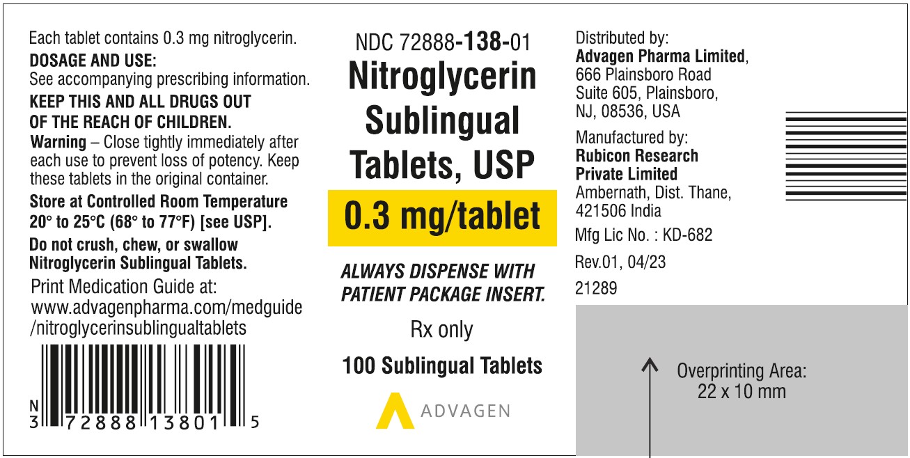 Nitroglycerin Sublingual Tablets, USP 0.3 mg - NDC 72888-138-01  - Container Label