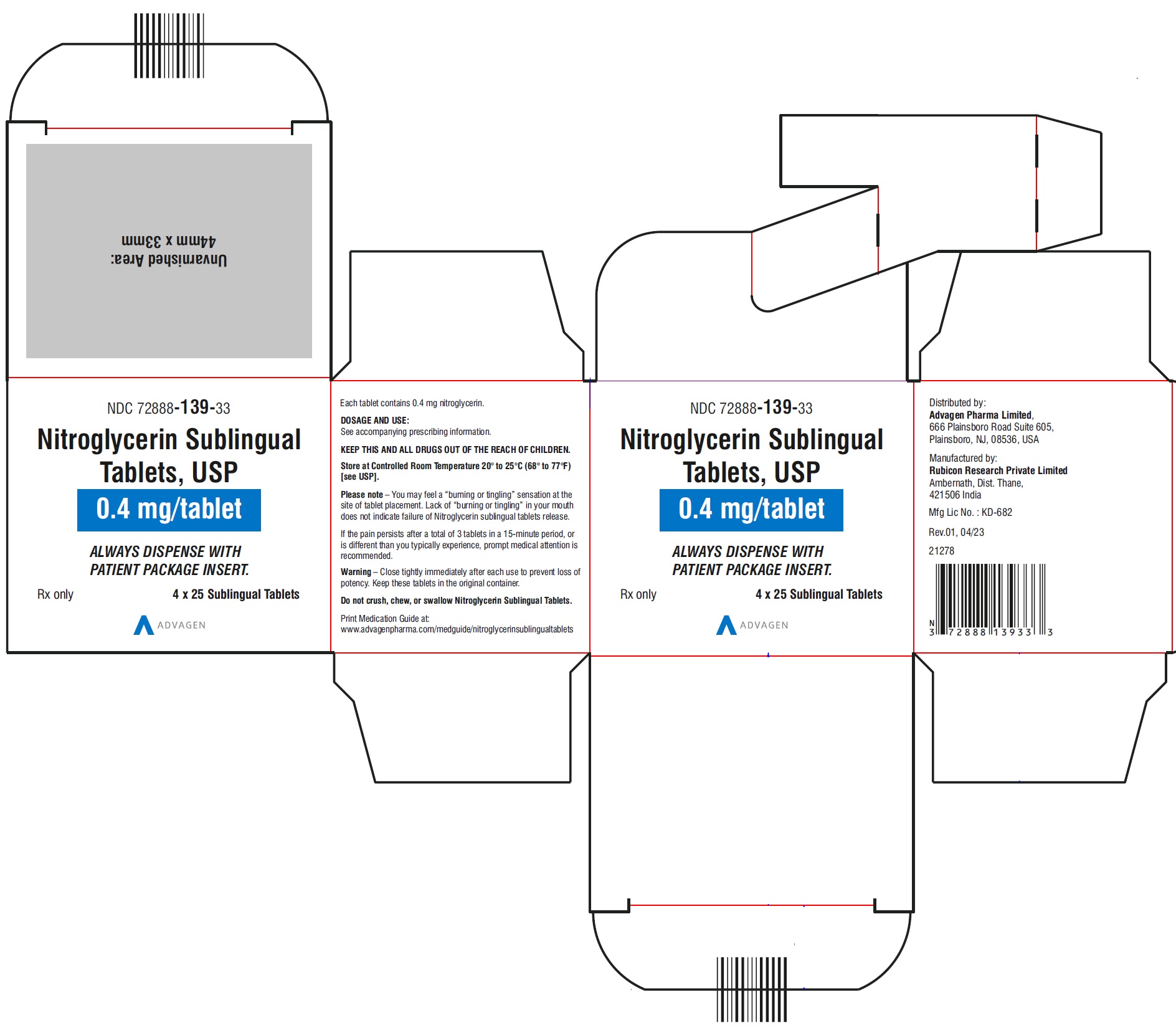 Nitroglycerin Sublingual Tablets, USP 0.4 mg - NDC 72888-139-01  - Carton Label