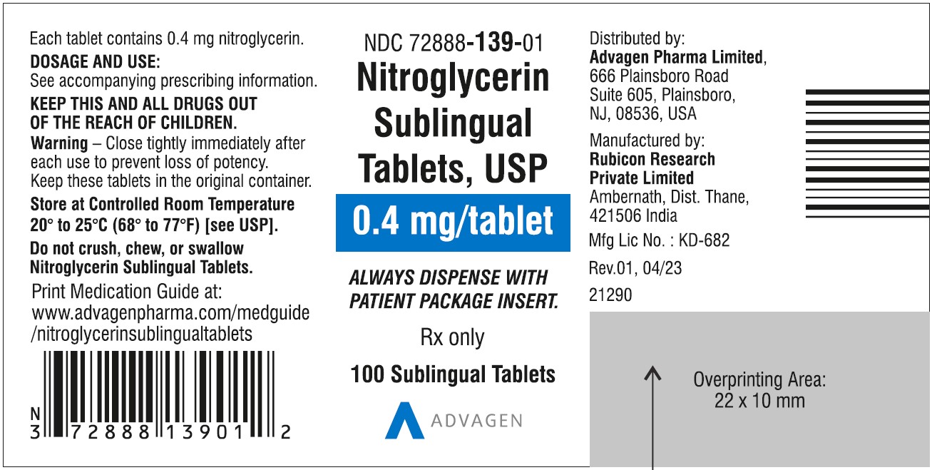 Nitroglycerin Sublingual Tablets, USP 0.3 mg - NDC 72888-139-01  - Container Label
