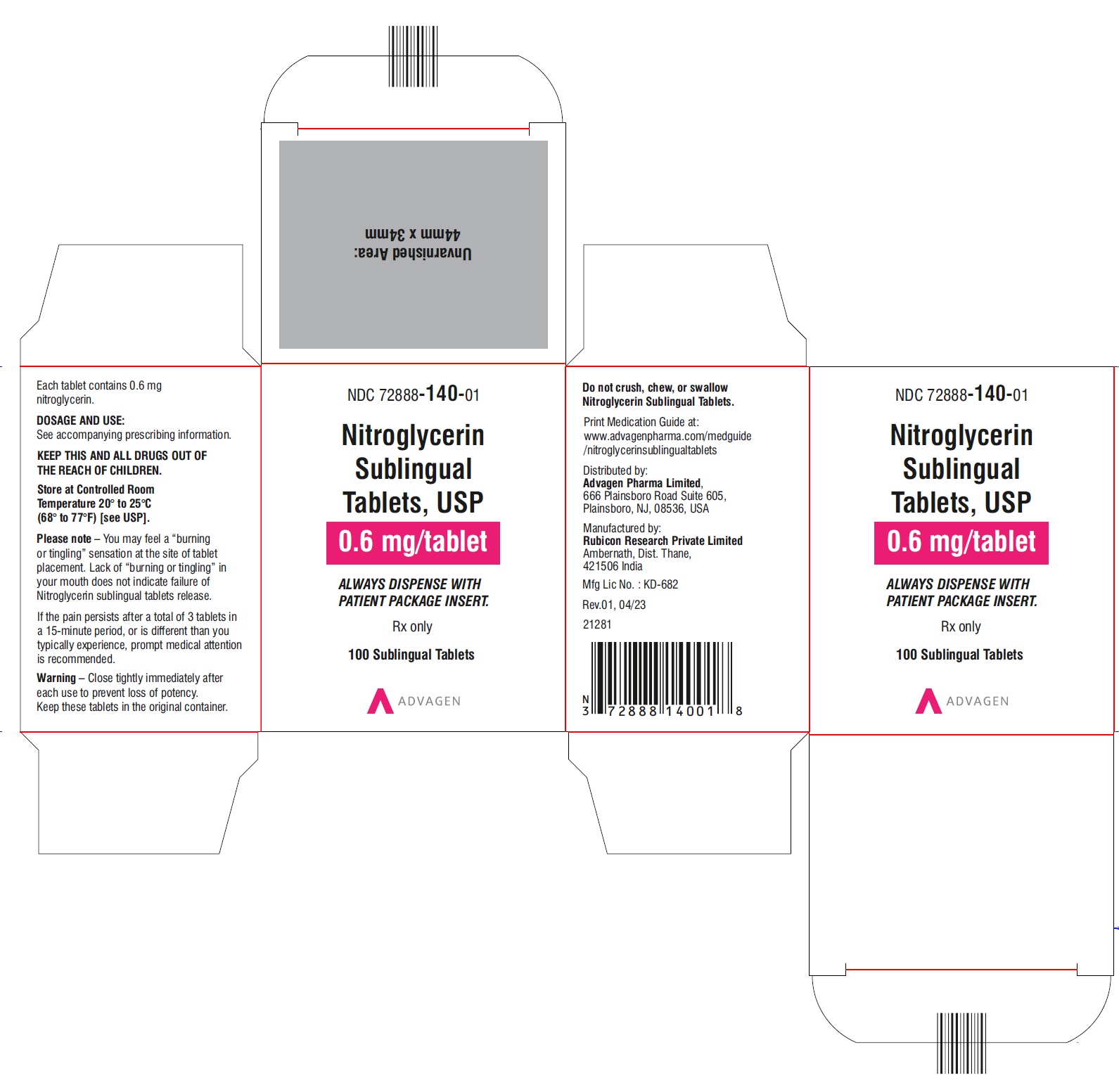 Nitroglycerin Sublingual Tablets, USP 0.6 mg - NDC 72888-140-01  - Carton Label