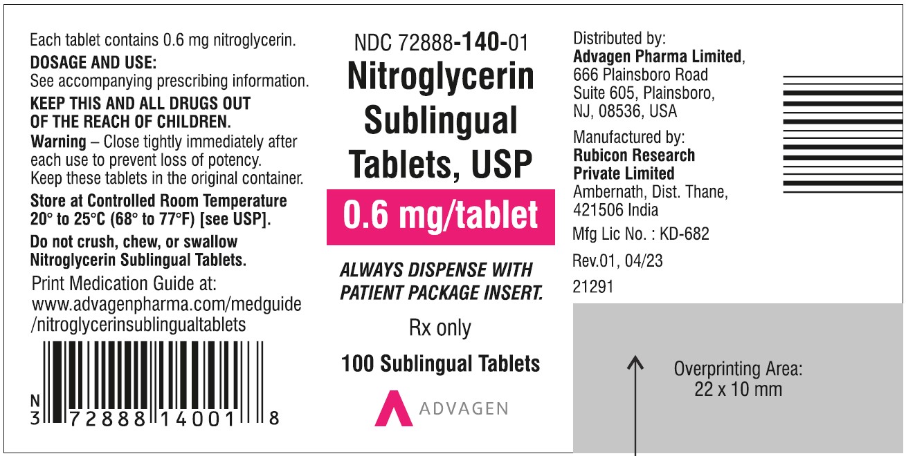 Nitroglycerin Sublingual Tablets, USP 0.6 mg - NDC 72888-140-01  - Container Label