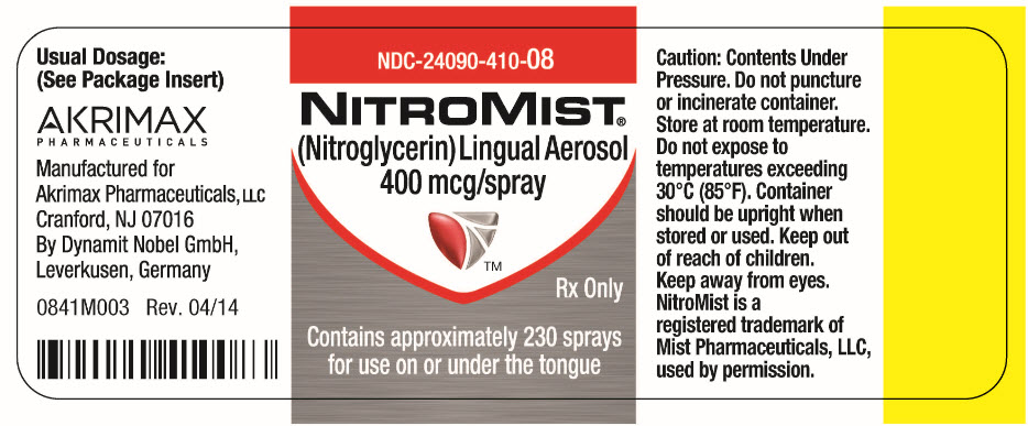 NDC-24090-410-08 NITROMIST® (Nitroglycerin) Lingual Aerosol 400 mcg/spray Rx Only Contains approximately 230 sprays for use on or under the tongue