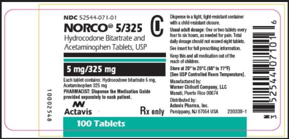 PRINCIPAL DISPLAY PANEL
NDC 52544-071-01
NORCO 5/325
5 mg/325 mg
100 Tablets
Rx Only
