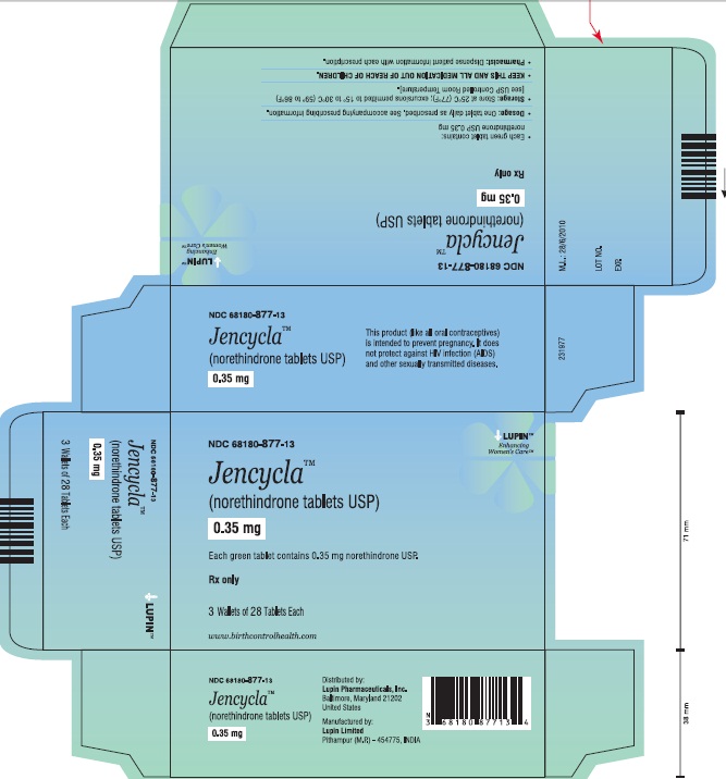 Jencycla
(norethindrone tablets USP)
0.35 mg
28 Day Regimen
Carton Pack:
NDC: 68180-877-13
3 Wallets of 28 Tablets Each