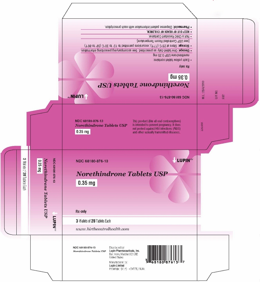 Norethindrone Tablets USP
0.35 mg
Rx Only
NDC 68180-876-13
Carton Label: 3 Wallets, 28 Tablets Each
28 Day Regimen